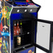 Arcade Mini Fridge Machine with beverages in the fridge and door open