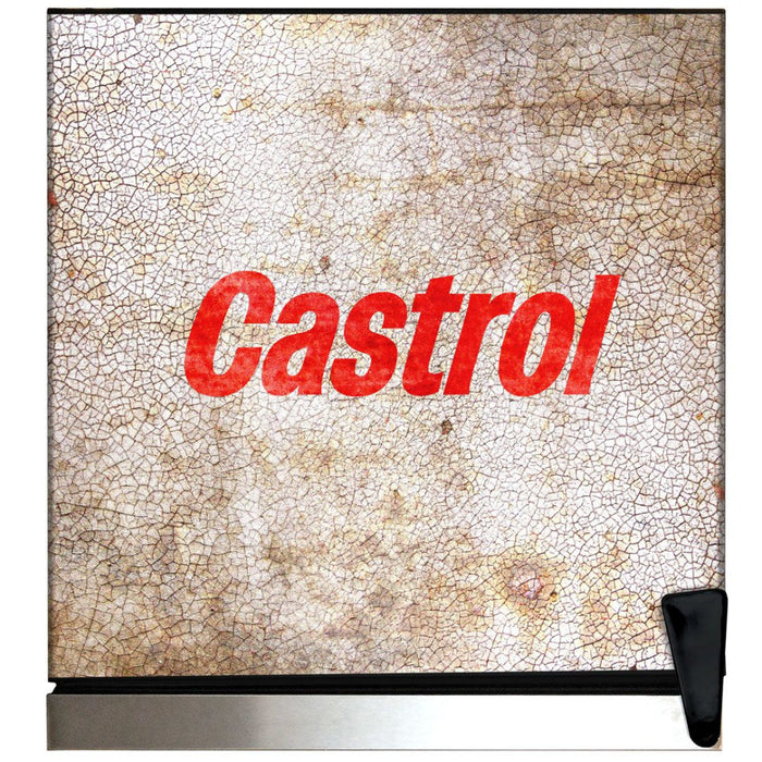 Castrol Retro 70L Bar Fridge closeup of Castrol logo in red
