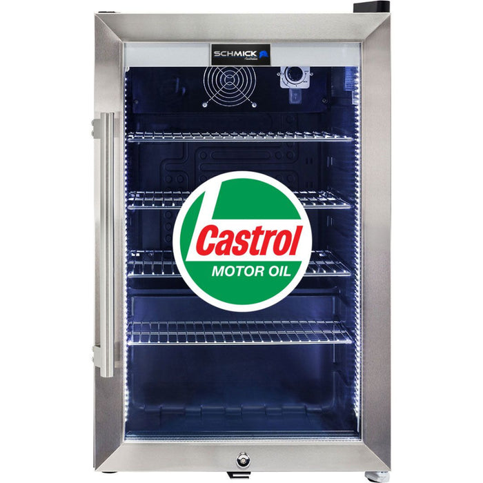 Castrol Retro 70L Bar Fridge front view with logo on door