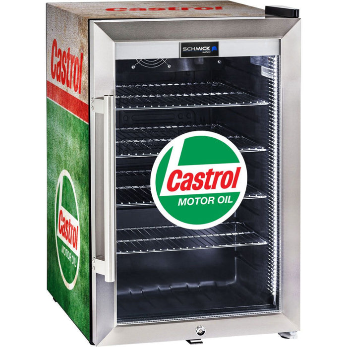Castrol Retro 70L Bar Fridge side view with logo on door and side