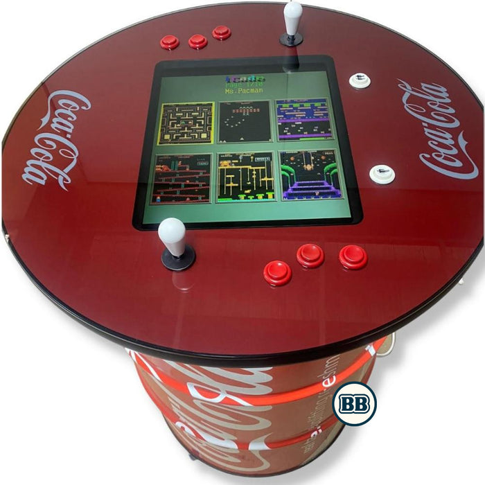 Coke Custom Made Tabletop Drum Arcade Machine closeup of screen and controllers along with logo on drum