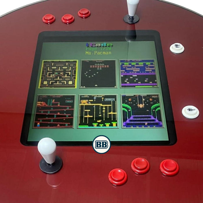 Coke Custom Made Tabletop Drum Arcade Machine closeup of screen and controllers showing Ms. Pacman